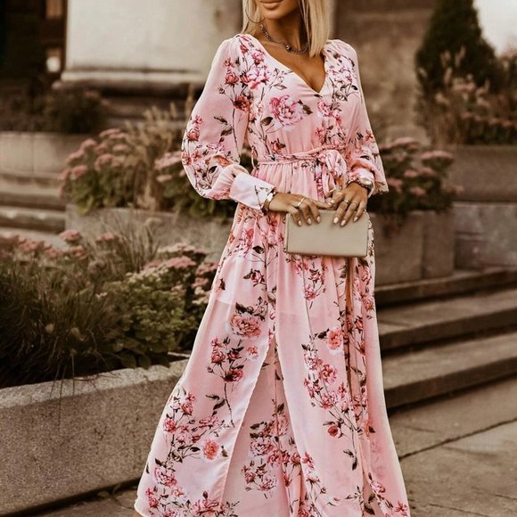 Floral Print Long Sleeved Split Thigh Maxi  Dress Pink - Picture 1 of 5